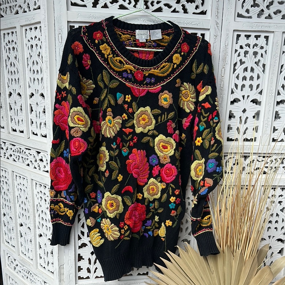 Vintage Floral Embroidered Black Sweater/ sweater dress